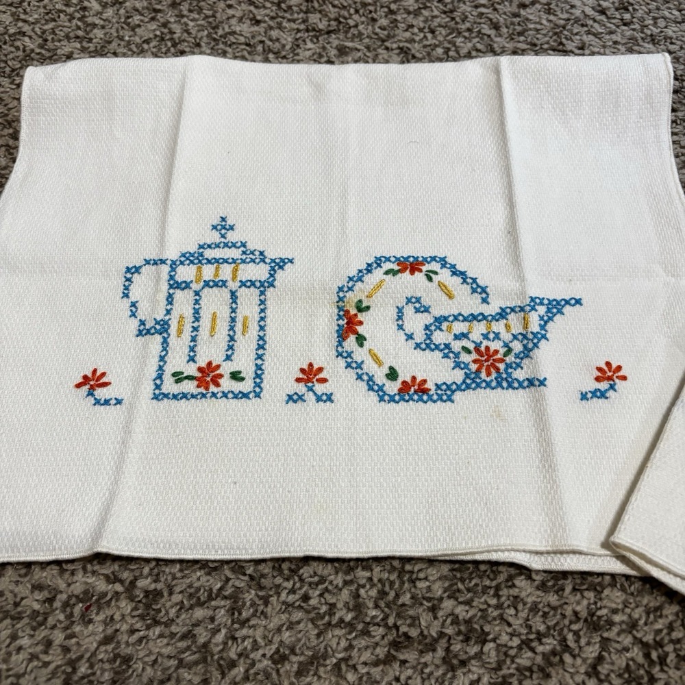 Embroidered Tea Dish Towels Kitchen Cross-Stitch Cooking Vintage Handmade 2